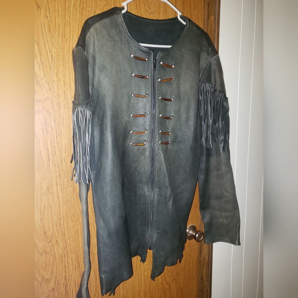Vintage Native American Leather Handmade Hide Fringe Black Jacket.